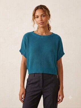 Lauren Ralph Lauren Casual Chic Crop Short Sleeve Sweater Cotton Teal Size M